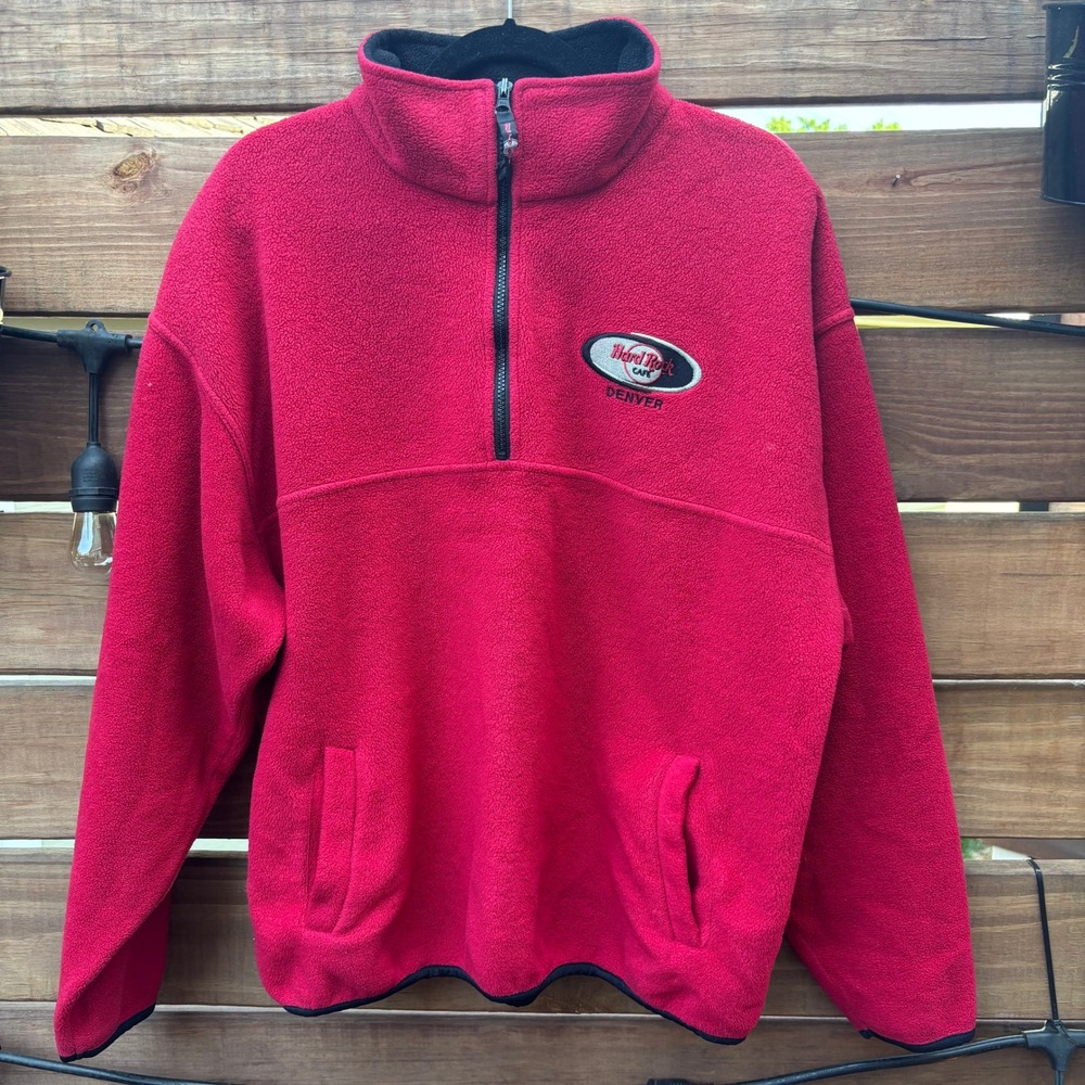 Hard Rock Cafe Fleece Pullover Unisex Large Red Excellent Denver Quarter Zip